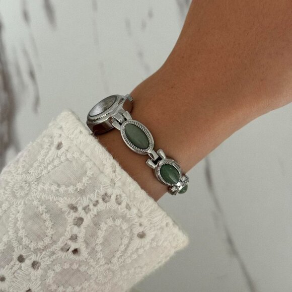 Sku:0221‎ Retro silver watch bracelet green natural stone inserts + gift bag